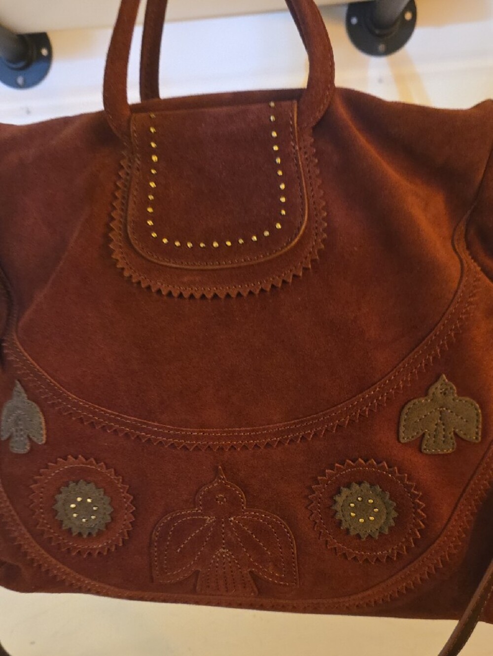 HOBO Chocolate Brown Suede Embroidered Shoulder Bag - Picture 3 of 10